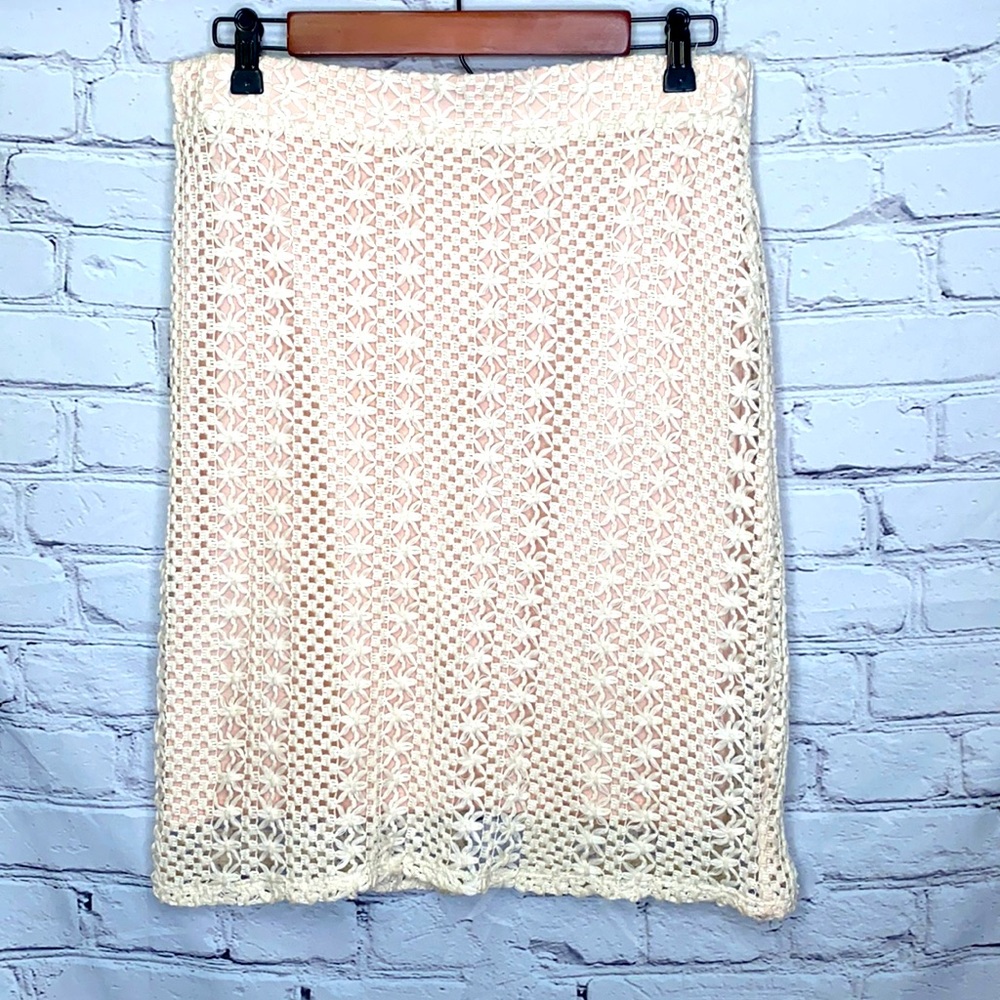 Free People Cream Beige Crochet Boho Pencil Skirt Size 12